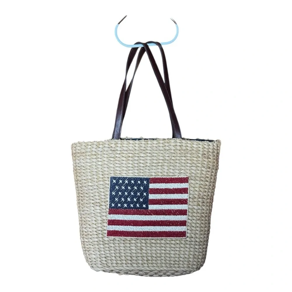 AMERICANA Vintage Straw Bag Tote With Draw String Chambray Liner